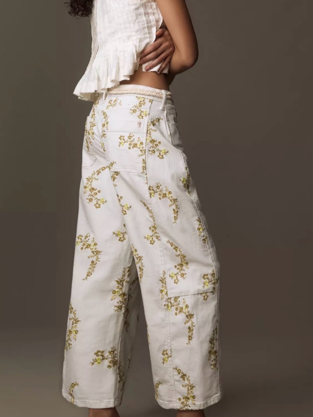Anthropologie cream barrel Pants with Yellow/green Floral Embroidery - Picture 5 of 16